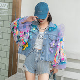 Plus Size Blau Peter Pan Kragen Pailletten Denim Mäntel Langarm